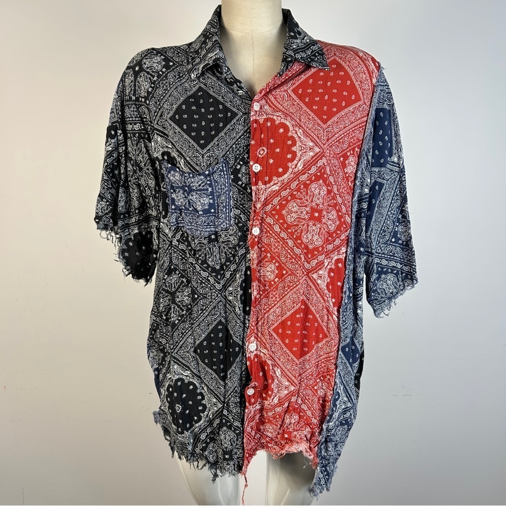 EDEN Bandana Patchwork Distressed Street Shirt L Retro Paisley Red Blue Black